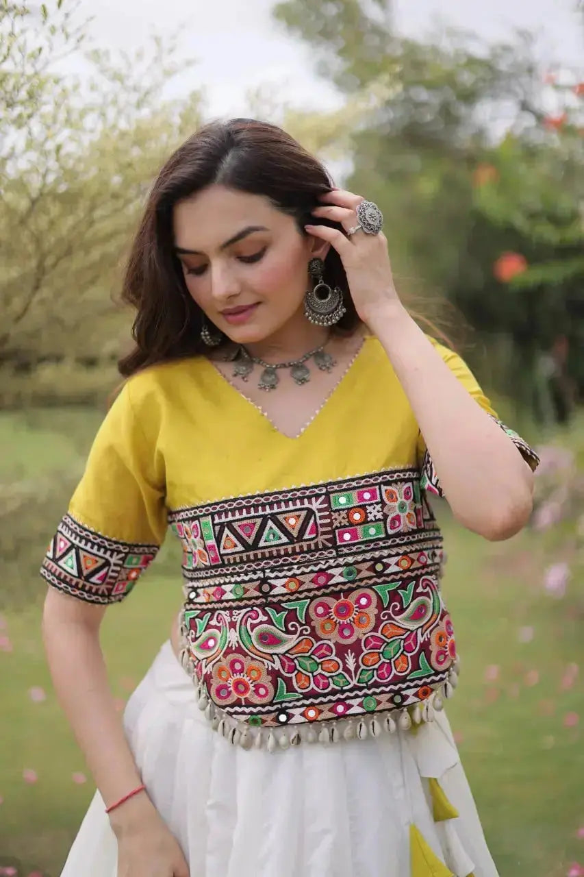 Premium Ivory White and Mustard Yellow Lehenga Choli with Designer Embroidered Top, Lotus Border Motifs, and Elegant Ethnic Appeal